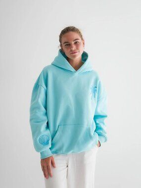 Pink Palm Puff Hawaii Hibiscus Hoodie in Aquamarine, Size Large